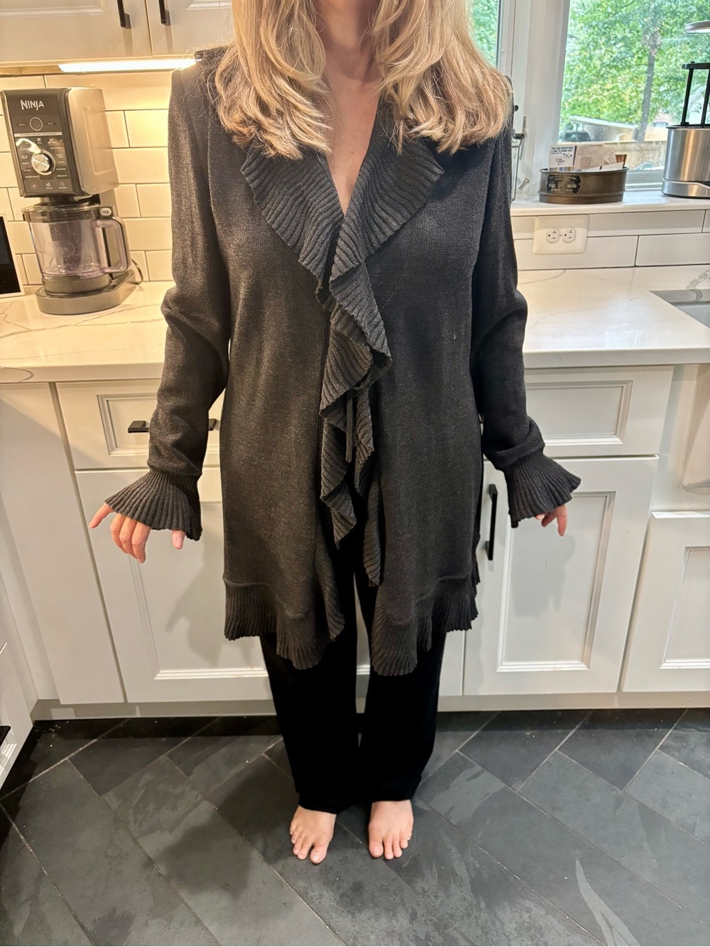 St. John Collection Charcoal Ruffled Cardigan